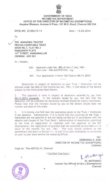 Excerpt of Prayag's 80G approval document